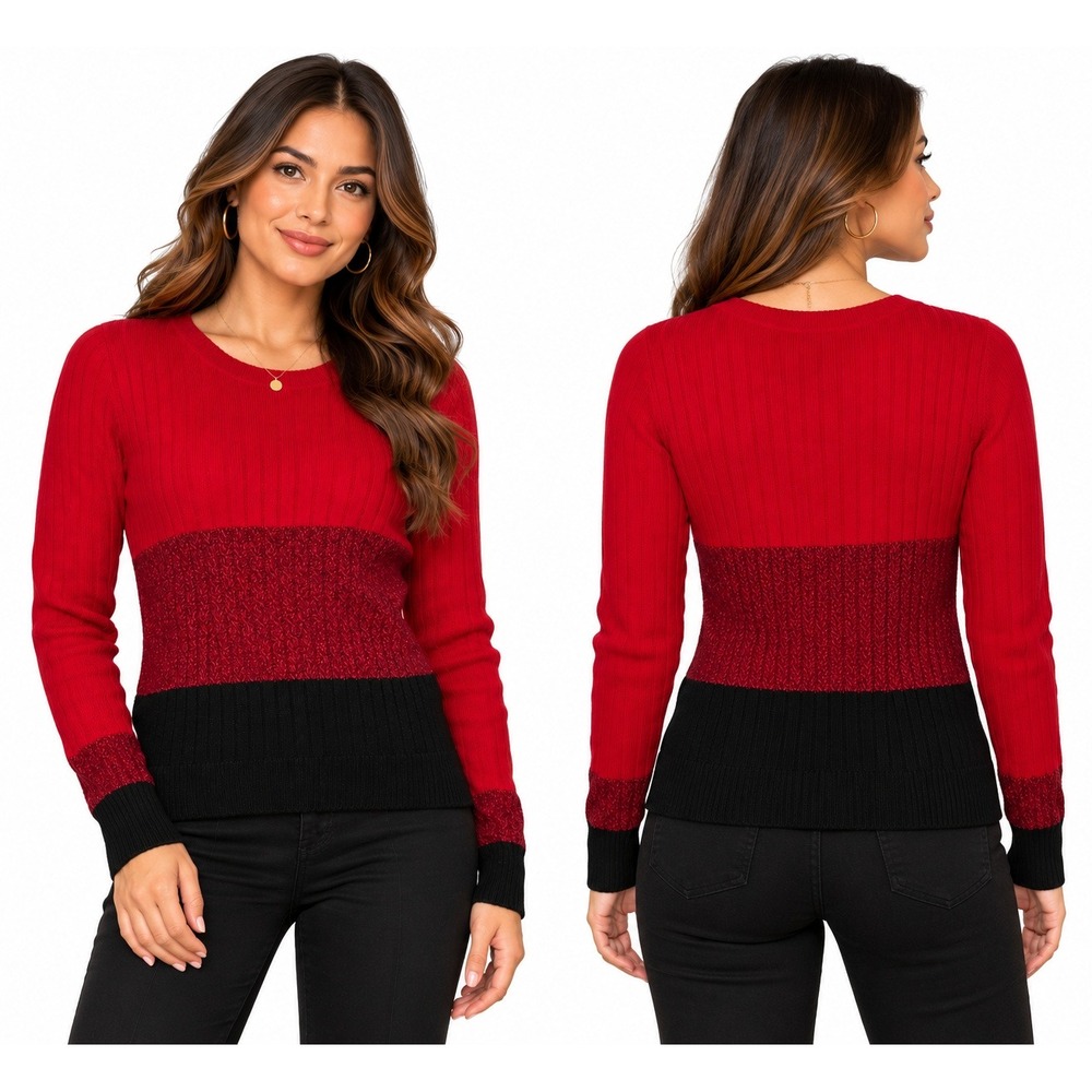 Karen Scott Erica Cable-Knit Colorblock Sweater Womens Small Red Combo Pullover